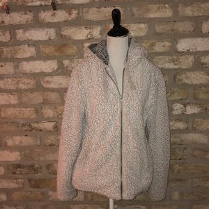 White with tan lining hooded fuzzy zip up jacket